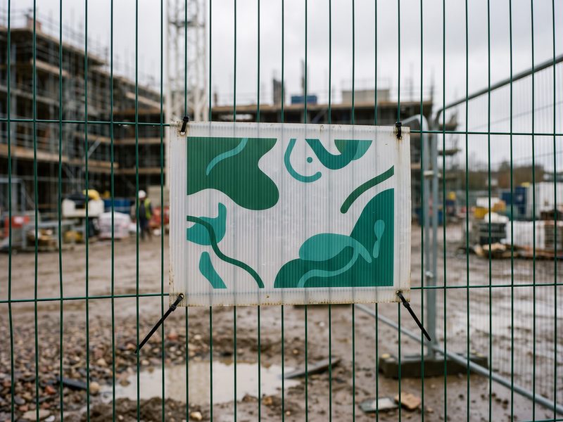 A printed Correx panel cable-tied to temporary site fencing on a building site.